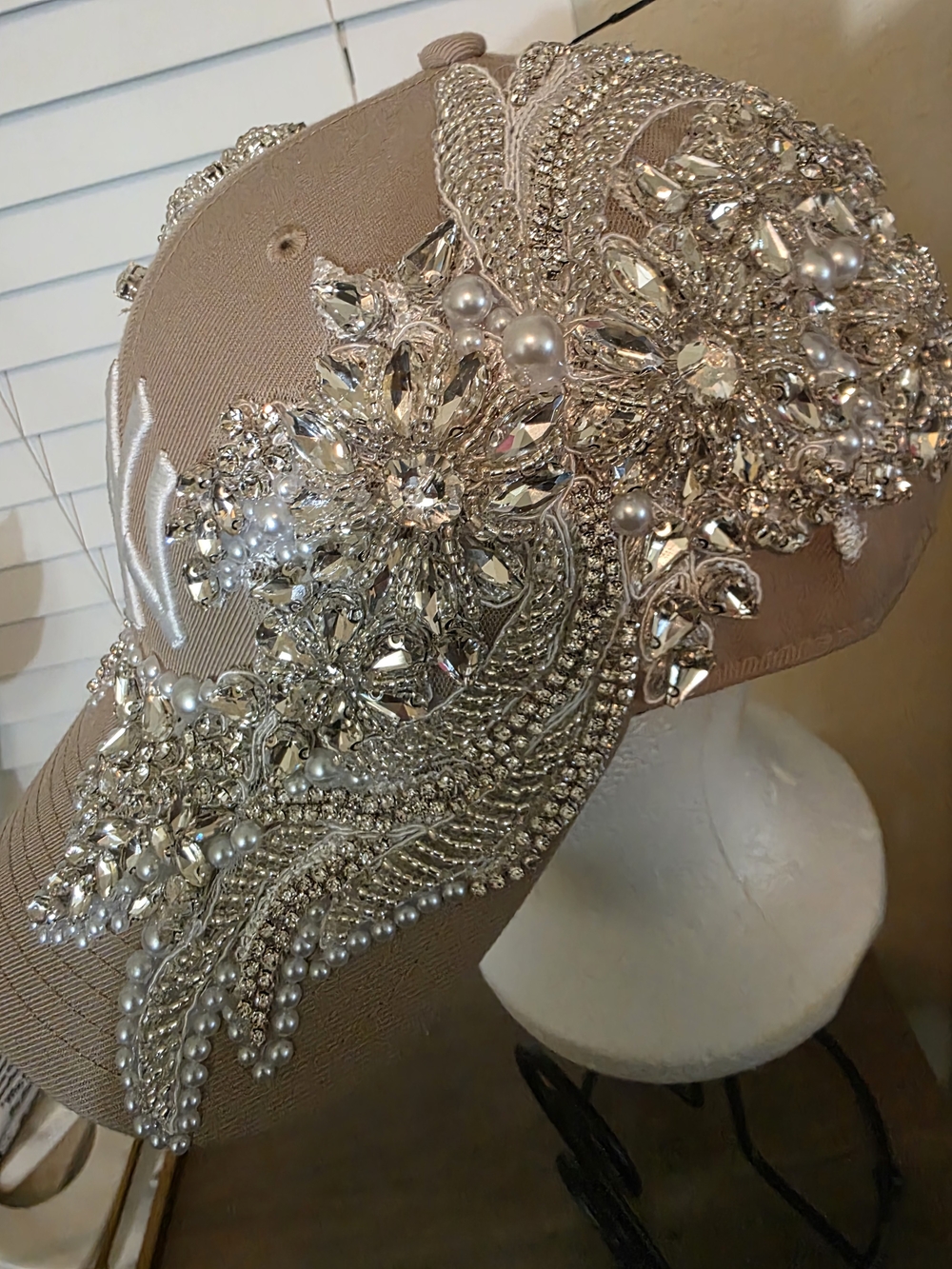 Embellished NY Baseball Cap in Taupe with Pearls & Crystals - Picture 3 of 7